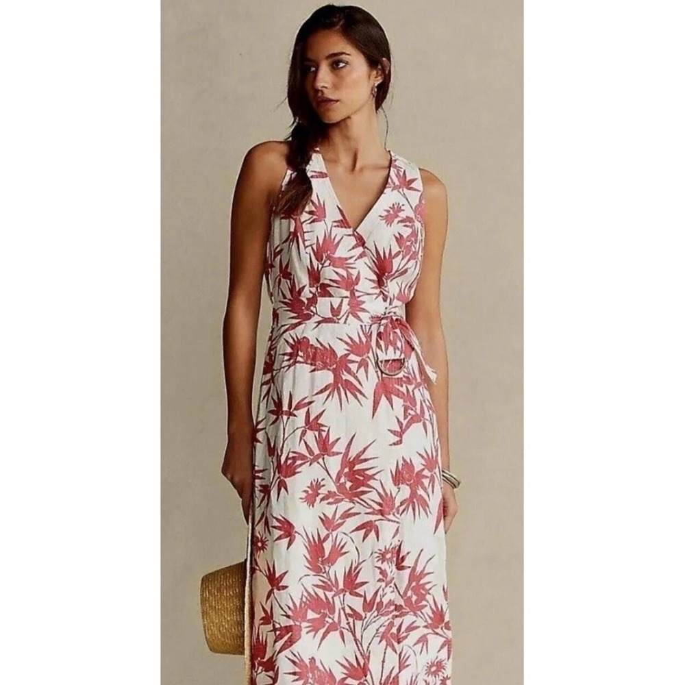 Polo Ralph Lauren Dress Linen Women's Red White Floral Midi Belt Sz 12